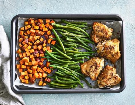 Sweet Potatoes And Green Beans, Sweet Potato Green Beans, Chicken With Veggies, Baked Lemon Pepper Chicken, Sheet Pan Meals Chicken, Chicken Green Beans, Sheet Pan Dinners Chicken, Chicken Sweet Potato, Lemon Pepper Chicken