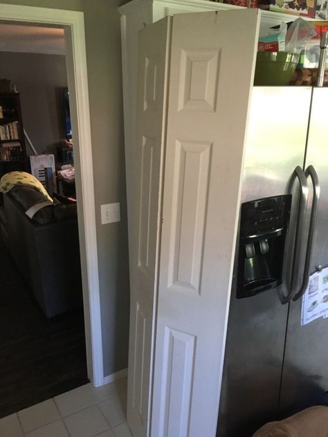 I recently converted my pantry from a large single door to double French-style doors using bifold doors. I also added spice racks to the back. Here’s how you can do the same! Before. The pantry door blocks the doorway to and from the kitchen any time it is open, which is all the time in our house.My solution: converting it to double French doors. I found these bifold doors that fit the existing opening perfectly at our local Habitat Restore for $10. Score! I could have converted our ex… Pantry Door Makeover, Diy Pantry Door, Doors With Storage, Faux Wood Paint, Closet Idea, Door Makeover Diy, Doors Diy, Closet Door Makeover, Bifold Barn Doors