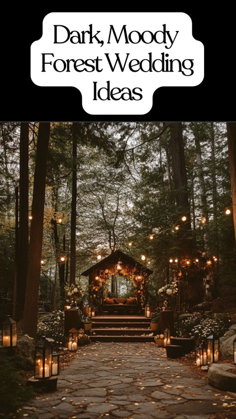 Dark and romantic forest wedding decors with earthy tones, natural elements, and dramatic lighting, perfect for an enchanting ceremony and unique reception. Dark Moody Outdoor Wedding, Wedding Color Schemes Moody, Wedding In Woods Forests, Moody Cottagecore Wedding, Haunted Forest Wedding, Moody Woodland Wedding, Dark Woodland Wedding, Dark Forest Wedding Theme, Moody Maximalist Wedding