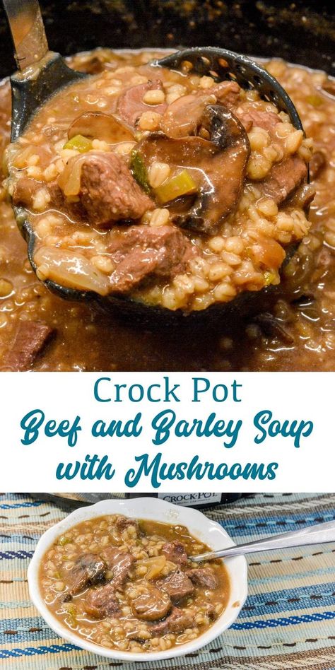 Beef Barely Soup, Beef Barley Mushroom Soup, Mushroom Soup Crockpot, Crockpot Beef Barley Soup, Beef And Barley Stew, Stew With Mushrooms, Crockpot Mushrooms, Soup With Mushrooms, Beef And Barley Soup