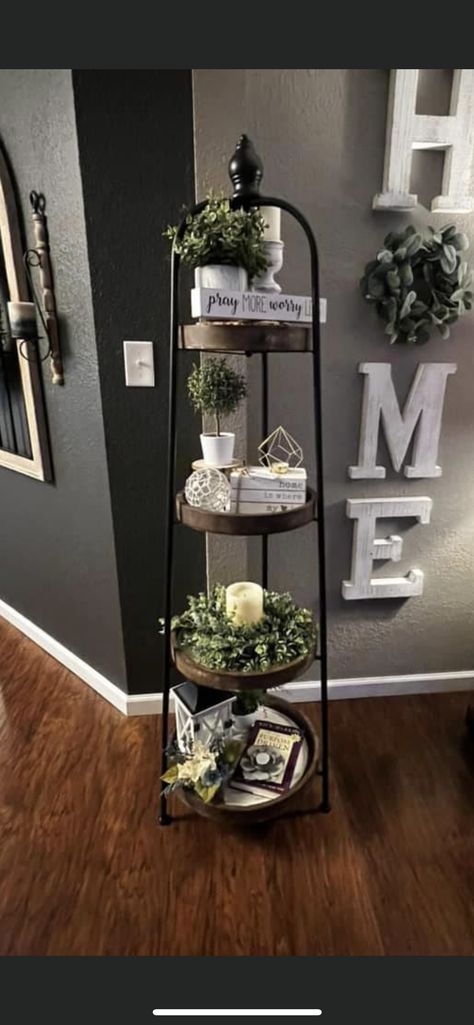 4 Tier Plant Stand, Hobby Lobby Shelf Decor Ideas, Small Town Home Decor Ideas, Tier Shelf Decor Living Rooms, 3 Tier Shelf Decor Living Rooms, Four Tier Shelf Decor, Three Tier Shelf Decor, Hobby Lobby Tiered Shelf, Hobby Lobby Tiered Shelf Decor