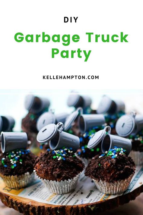 A DIY four year old garbage truck birthday party. Find out more on kellehampton.com #etst #kellehampton #birthdayparty Trash Bash Food Ideas, Garbage Truck Themed Cake, Trash Truck Party Food, Garbage Truck Cupcakes, Trash Truck Cupcakes, Garbage Truck Cookies, Trash Truck Birthday Cake, Truck Party Food, Trash Truck Birthday Party