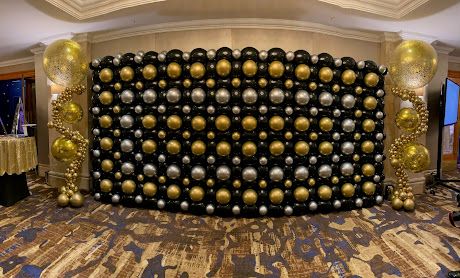 Black Balloon Wall, Black And Gold Balloon Wall, Black Shimmer Wall With Balloons, Black Balloon Installation, Black Gold And Silver Balloons, Gold Silver Black Balloon Garland, Black Gold Silver Balloon Columns, Link Balloons, Balloon Walls