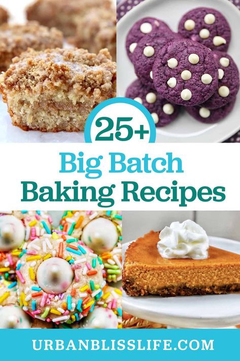 Need to bake something delicious to feed a crowd? From cookies to cakes, from pies to dessert bars, you'll find 25+ of the best big batch baking recipes in this collection at UrbanBlissLife.com. Big Batch Recipes To Feed A Crowd, Big Batch Cookies Recipes, Large Batch Cupcake Recipe, Large Batch Cookies, Big Batch Cookies, Dessert To Feed A Crowd, Drop Sugar Cookies, Batch Baking, Banana Coffee Cakes