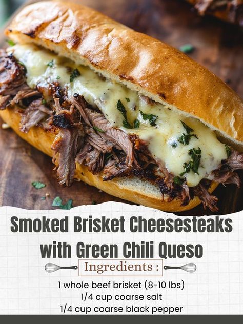 Brisket Cheesesteak, Green Chili Queso, Chili Queso, Coarse Salt, Smoked Brisket, Green Chili, Beef Brisket, Green Chilies, Black Pepper