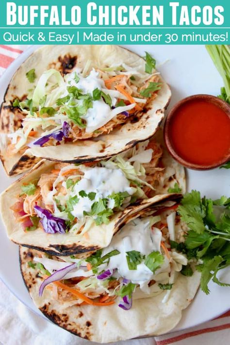 Shredded chicken tossed with tangy buffalo sauce, tucked inside warm tortillas, topped with a creamy cilantro lime sauce, life doesn't get much better than these Buffalo Chicken Tacos! This easy recipe is made in just 29 minutes, perfect for weeknight dinners! #buffalochicken #buffalosauce #tacos Creamy Cilantro Lime Sauce, Shredded Chicken Sandwiches, Buffalo Chicken Tacos, Shredded Chicken Crockpot, Shredded Buffalo Chicken, Easy Shredded Chicken, Lime Chicken Tacos, Slow Cooker Shredded Chicken, Make Shredded Chicken