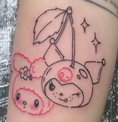 my melody tattoo cherry tattoo kuromi tattoo Kuromi Tattoo Aesthetic, Black And Pink Tattoo, Tattoo Ideas Hello Kitty, Sanrio Tattoo Ideas, Kawaii Flash Tattoo, Cute Creepy Tattoos, Cinnamoroll Tattoo, My Melody Tattoo, Kawaii Tattoo Ideas