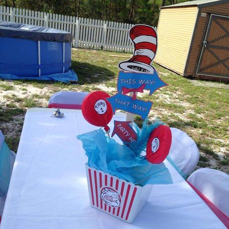 Thing 1 Thing 2 | CatchMyParty.com Dr Seuss Birthday Party Ideas, First Birthday Centerpieces, Dr Seuss Party Ideas, 1st Birthday Boy Themes, Birthday Dogs, Dr Seuss Birthday Party, Dr Seuss Baby Shower, Baby Boy 1st Birthday Party, Seuss Party