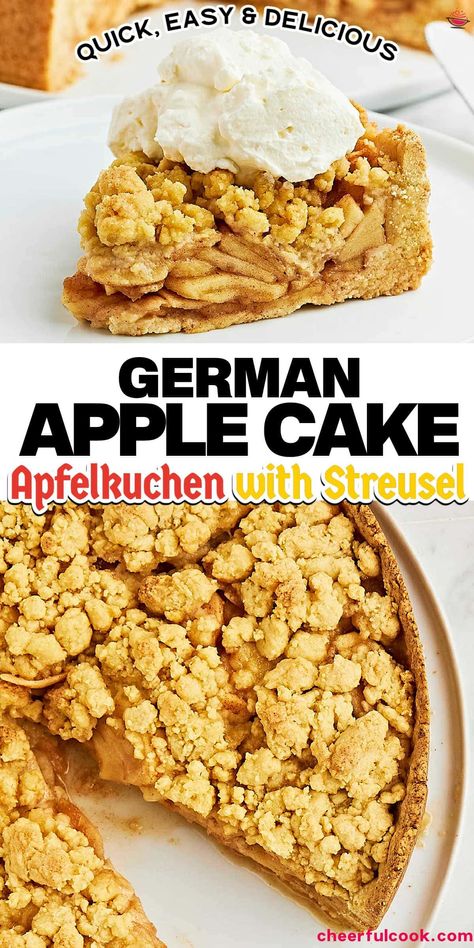 This German Apple Cake (Apfelkuchen) with Streusel Topping is a sweet treat you can easily make at home. It's packed with apples and a dash of vanilla! #cheerfulcook #applecake #apfelkuchen #germanrecipes #easybaking #homebaked #dessertrecipe Apple Kuchen Recipe German, Apple Kuchen Recipe, Apple Streusel Cake, Easy German Recipes, German Apple Cake, German Food Authentic, Apple Crumb Cakes, Christmas Cookie Recipes Holiday, German Desserts