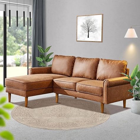 Amazon.com: Caodoc 81.5" Sectional Couch,L-Shaped Sofa with Chaise,Suede Fabric 3 Seat Couch for Small Space,Living Room,Apartment (Left Hand Facing Chaise, Brown) : Home & Kitchen Regular Apartment, Couches For Small Spaces, Brown Sectional, Living Room Apartment, Space Living Room, Apartment Decoration, Sofa With Chaise, Material Selection, Small Space Living Room