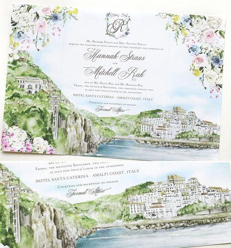 Amalfi Coast Wedding Invitations Amalfi Coast Wedding Invitations, Watercolour Wedding Invitations, Hand Painted Invitations, Painted Invitations, Positano Wedding, Painted Wedding Invitation, Italy Destination Wedding, Watercolour Wedding Stationery, Event Stationery