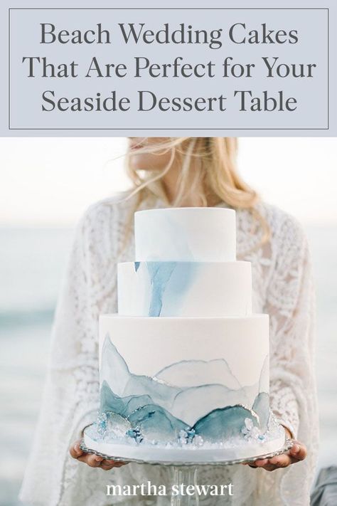 We love coastal weddings—especially those that embrace the location with thematic details, like beach-themed wedding cakes. Whether you want to go all out with a truly oceanic dessert or you prefer adorning your confection with subtle seaside touches, we've got plenty of beach wedding cake ideas for your celebration. #weddingideas #wedding #marthstewartwedding #weddingplanning #weddingchecklist Beach Wedding Cakes, Martha Stewart Wedding, Green Wedding Cake, Small Wedding Cakes, Beach Wedding Cake, Wedding Cakes Blue, Beach Wedding Inspiration, Beach Wedding Decorations, Dusty Blue Weddings