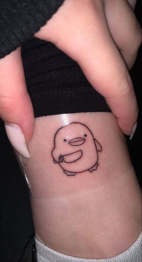 Bunny With Knife Tattoo, Simple Rubber Duck Tattoo, Duck Knife Tattoo, Duck Holding Knife Tattoo, Ducks With Knives, Duck With Knife Tattoo, Little Duck Tattoo, Bacon Tattoo, Dumbest Tattoos