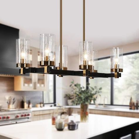 Yilia Modern Farmhouse 6-Light Black Gold Chandelier Linear Island Lights for Dining Room - On Sale - Bed Bath & Beyond - 35455513 Dining Room Chandelier Modern Contemporary, Brass Dining Room Chandelier, Dining Room Chandelier Modern, Gold Light Fixture, Linear Island Lighting, Farmhouse Kitchen Lighting, Black Kitchen Island, Kitchen Island Linear Pendant, Dining Room Light Fixtures