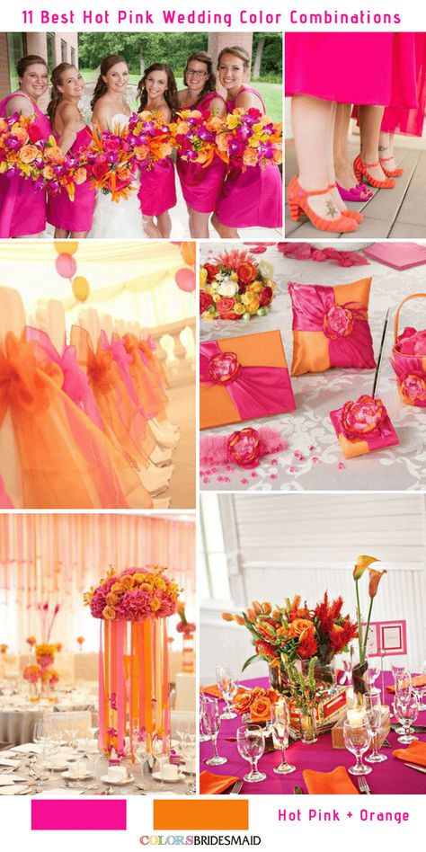 11 Best Hot Pink Wedding Color Combinations Ideas -No.7 Hot Pink and Orange #colsbm #weddings #weddingideas #pinkweddding b424 Hot Pink Wedding Colors, Orange Wedding Ideas, Pink Wedding Color Scheme, Pink And Orange Wedding, Coral Wedding Colors, Hot Pink Wedding, Orange Wedding Themes, Orange And Pink Wedding, Beach Wedding Decorations Reception