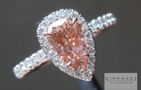 This one is so classic. Fancy Brownish Orangy Pink Pear Shape Diamond Halo RIng. The stone really looks amazing in the setting. #pink #diamonds #gorgeous #gift #engagementring #propose #weddingring #bridalring #coloreddiamond #customjewelry #prettydiamondring #lovethisring #pinkdiamondring #diamondjewelry #luxuryjewelry #fashionjewelry #omg #awesome Pink Pear Diamond Ring, Pear Diamond Ring, Cast Rings, Pear Shaped Diamond Ring, Pear Diamond Rings, Pink Diamond Ring, Colorless Diamond, Shiny Things, Pear Diamond