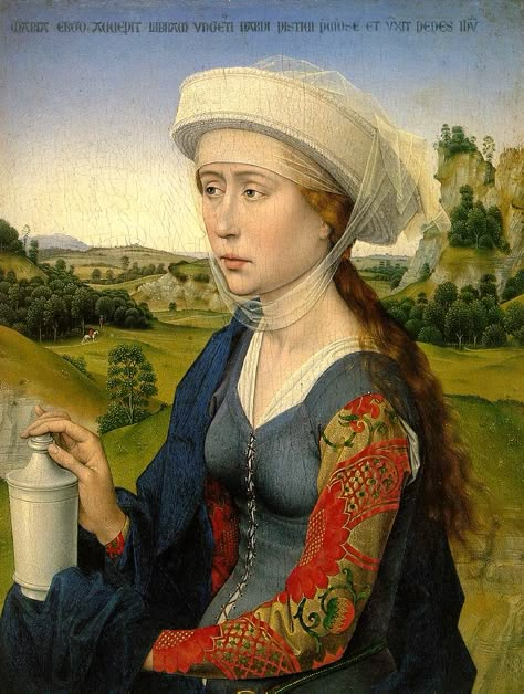 Rogier van der Weyden: Mary Magdalene (1450) with her usual attribute of the ointment jar, right panel of the Braque triptych. In Latin, it reads "Maria ergo accepit libram ungenti nardi pistici, pretiosi, et unxit pedes Iesu."  In KJV-English: "Then took Mary a pound of ointment of spikenard, very costly, and anointed the feet of Jesus." Robert Campin, Rogier Van Der Weyden, Istoria Artei, Jan Van Eyck, Van Eyck, Maria Magdalena, Hieronymus Bosch, Albrecht Durer, Pierre Auguste