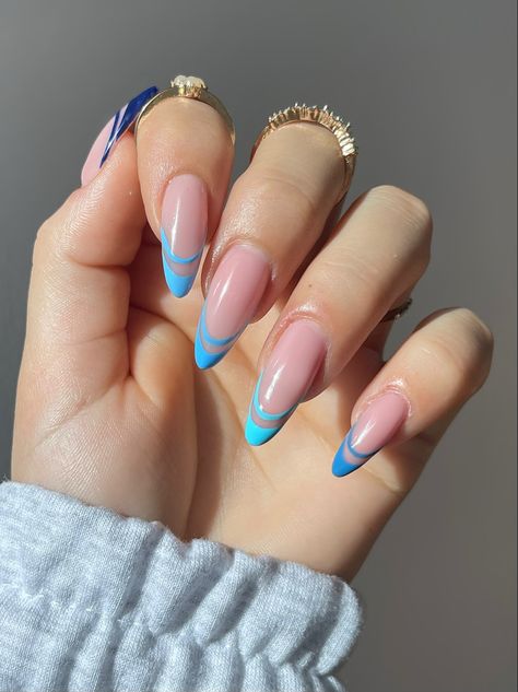 Three Color Nail Ideas, Pastel Double French Tip Nails, Different Blue French Tip Nails, French Tip Double Line, Double Tip Nails, Nails Double French, Two Tone French Tip Nails, Double Line French Tip Nails, Double French Tip Nails