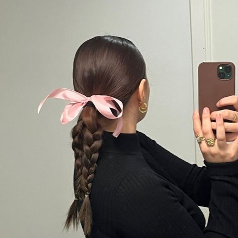 Pink Ribbon Hairstyle, Pink Ribbon In Hair, Pink Ribbon Aesthetic, Sleek Braided Ponytail, Hairstyles For All Hair Types, Hairstyle Examples, French Braid Hairstyles, Hair Aesthetic, Ribbon Hairstyle