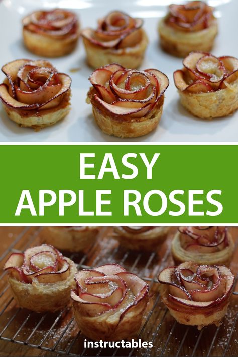 Mini Apple Pie Roses, Apple Rose Puff Pastry Recipes, Phyllo Dough Apple Roses, How To Make Apple Roses, Mini Rose Apple Pies, Apple Rose Tartlets, Mini Apple Roses Puff Pastry, Flower Apple Pie, Apple Roses Dessert