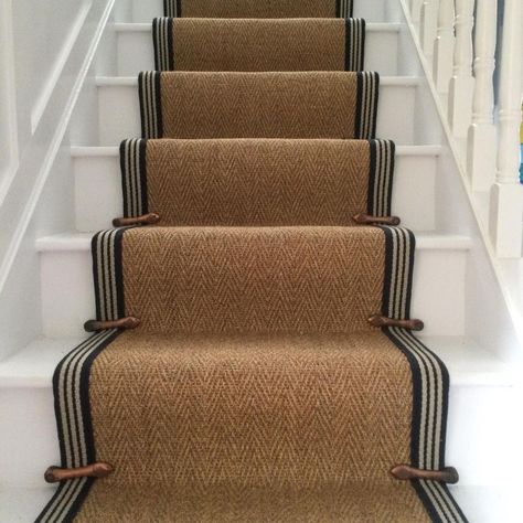 Stair Runners Direct on Instagram: “Oatmeal herringbone sisal with striped border and stair clips! Beautiful #sisalcarpet #sisal #stairs #stairrunner #stairrunnersdirect” Stair Clips Carpet Runner, Timeless Stair Runner, Stair Runners Ideas With Landing, Sisal Stairs, Stair Clips, Beautiful Stairways, Stair Redo, Runner Stairs, Staircase Carpet