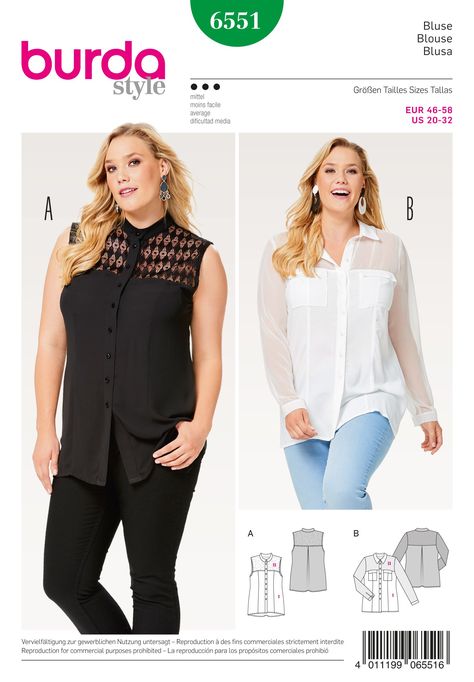 Purchase the Burda 6551 Women's Collar Blouse sewing pattern and read its pattern reviews. Find other Plus sewing patterns. Shirt Sewing Patterns, Collar Blouse Pattern, Blouse Sewing Pattern, Burda Sewing Patterns, Plus Size Sewing Patterns, Blouse Sewing, Shirt Sewing, Plus Size Sewing, Burda Patterns