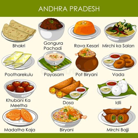 Illustration about Easy to edit vector illustration of delicious traditional food of Andhra Pradesh India. Illustration of kaja, assorted, buffet - 138204708 India Illustration, Food Map, Food Vocabulary, Food Infographic, State Foods, Food Charts, India Food, Vegetarian Snacks, Easy Food Art