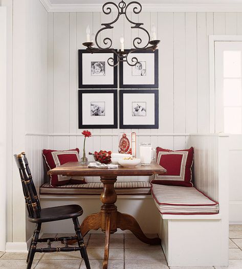 Fun dining room bench seating---add storage underneath and it's functional cottage. This would be perfect in our open-concept dining room. Dining Apartment, Rooms Decoration, Dining Booth, Corner Seating, Small Dining Area, Apartment Diy, Small Space Kitchen, Dining Nook, Small Dining