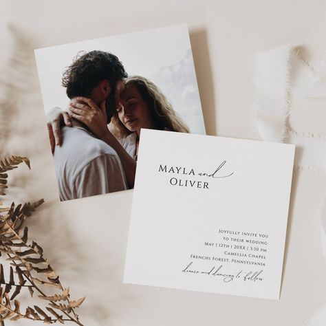 Whimsical Minimalist Script Photo Square Wedding Invitation Whimsical Minimalist, Popular Wedding Invitations, Square Wedding Invitations, Invitation Minimalist, Wedding Announcement Cards, Classy Wedding Invitations, Invite Card, Black And White Wedding Invitations, Wedding Stationery Suite