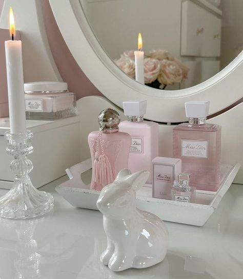 #coquette #vanity #dior #missdior #bunny #rabbit #candles #candle #room #roominspo #roominspiration Pink Easter Decor, Light Aesthetic, Soft Pink Theme, Pink Lifestyle, Pink Bedrooms, Pink Life, Girly Room, Pink Easter, Dreamy Room