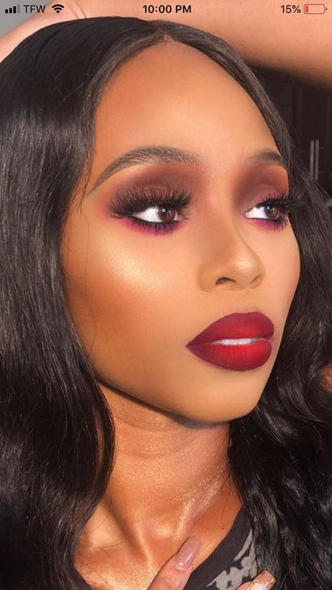 Bold Red Lip Makeup Black Women, Red Gothic Makeup Look, Red Smokey Eye Makeup Black Women, Dark Red Lipstick Makeup Black Women, Sultry Valentines Day Makeup, Makeup For Maroon Outfit, Vampire Makeup Black Women, Red Eyeshadow Looks Black Women, Red Lip Makeup Look Black Women Make Up