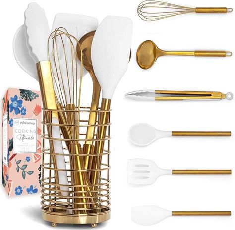 White Silicone and Gold Cooking Utensils Set with Gold Utensil Holder: 7PC Set Includes White Utensils Set,Gold Spatula,Gold Whisk - White and Gold Kitchen Accessories Modern Kitchen Utensils Set, White Utensils, White And Gold Kitchen, Gold Kitchen Utensils, Modern Kitchen Utensils, Gold Utensils, Gold Kitchen Accessories, Kitchen Utensils Set, Kitchen Finds