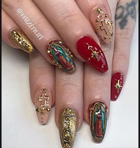 Catholic Nails, Nails Mexican, Mexican Nails, Nails Goth, Quince Nails, Nail Design Glitter, Retro Nails, Nails Art Ideas, Winter Nails Acrylic