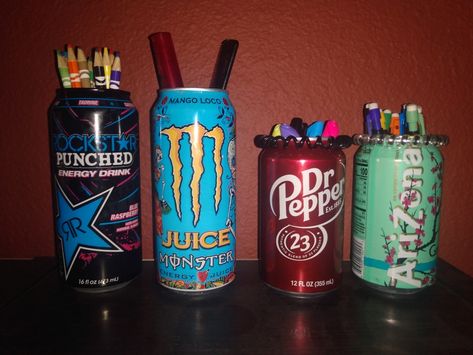 Rockstar, monster, dr.pepper, arizona tea pen holder Arizona Tea Can Crafts, Arizona Cans Diy, Arizona Tea Can, Room Crafts, Diy Pen, Can Diy, Friend Gifts, Dr Pepper, Can Crafts