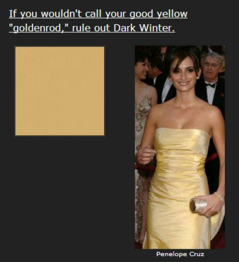 Dark Winter yellows are tricky. They're not clear and pure like True Winter's. They're not blindingly bright. They're just slightly warmed, a little rich - but not Autumn rich. Penelope Cruz is lovely here in what looks like one of Dark Winter's elusive yellows.   If you need your yellows purer, try one of the other Winters. And if you need a more delicate yellow, try one of the Summers. Deep Winter Yellow, Deep Winter Palette Outfits, Personal Color Palette, Winter Skin Tone, Deep Winter Palette, Seasonal Palette, Zyla Colors, Color Seasons, Deep Winter Colors