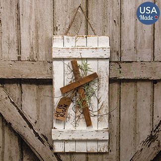 KP Creek Gifts - Rustic White Wood "He Is Risen" Shutter Easter Wood Crafts To Sell, Old Shutters Repurposed, Wood Stick Art, Heart Shutters, He Is Risen Craft, Spring Wood Decor, Painted Ironing Board, Crosses Diy, Wooden Cross Crafts