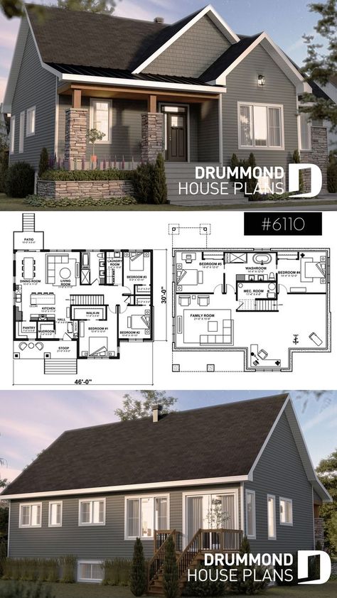 Country Ranch House, 3 Bedroom Home Floor Plans, Drummond House Plans, Country Ranch, Bedroom Basement, Basement House Plans, Sims 4 House Plans, House Plans 3 Bedroom, Cottage Style House Plans