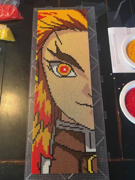 Demon Slayer Pearl Beads, Demon Slayer Fuse Beads, Rengoku Perler Beads, Perler Beads Demon Slayer, Demon Slayer Perler Bead Patterns, Demon Slayer Cross Stitch, Demon Slayer Perler Beads, Hama Beads Anime, Demon Slayer Pixel Art