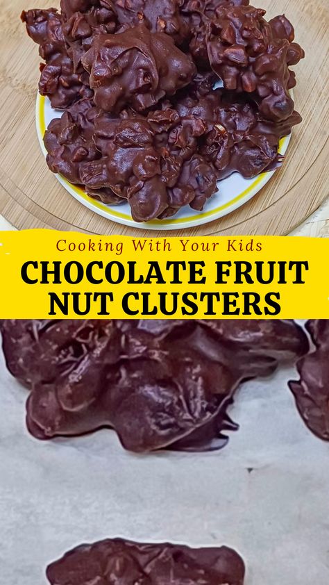 Chocolate fruit nut clusters Chocolate Covered Dried Fruit, Fruit And Nut Clusters, Fruit And Nut Chocolate, Chocolate Nut Clusters, Nut Cluster Recipe, Dried Fruit Recipe, Kids Snack Box, Clusters Recipe, Vegetarian Party