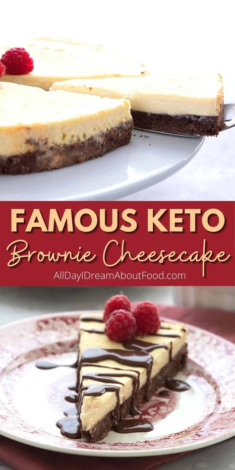 Keto Brownie Cheesecake is the best of all possible worlds, combining fudgy low carb brownies and sugar-free vanilla cheesecake. It's my most iconic keto dessert recipe, with good reason! Keto Whipped Cheesecake, Keto Brownie Cheesecake Recipes, Keto Cheesecake Dessert Recipes, Keto Sopapilla Cheesecake, Keto Brownie Cheesecake, Keto Raspberry Recipes, Sugar Free Jello Cheesecake Recipes, Keto Cheesecake Recipes Easy, Low Carb Christmas Desserts