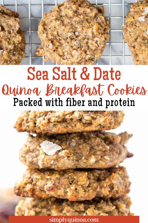 These Sea Salt and Date Quinoa Breakfast Cookies are a healthy, sweet and savory way to start the day. They are filled with protein, fiber, healthy fats and complex carbs to fill you up in the morning. Flaxseed Breakfast Cookies, Quinoa Protein Balls, Quinoa Breakfast Cookies, High Fiber Breakfast Cookies, Quinoa Snacks Healthy, High Fiber Cookies Healthy, High Fiber Low Carb Breakfast, Healthy Breakfast Cookies Protein, Complex Carbs Recipes