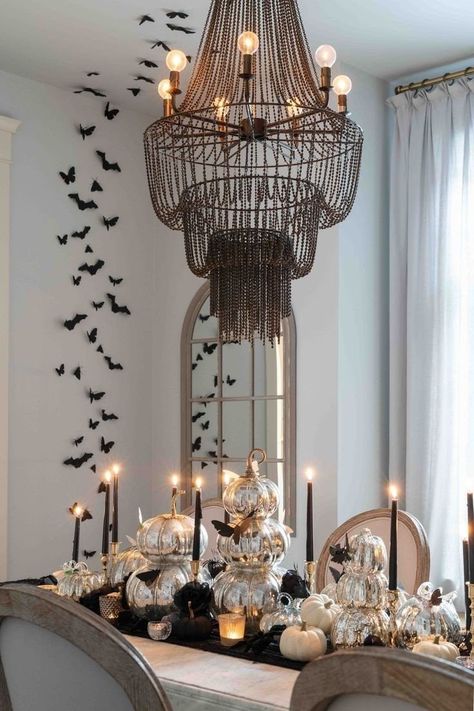 Neutral Halloween Tablescape, Candlestick Halloween Decor, Black Butterfly Decor, Black Butterfly Halloween Decor, Halloween Dinning Room Table Decor, Classy Spooky Halloween Decor, Contemporary Halloween Decor, Glamour Halloween Decor, Dining Room Table Halloween Decor