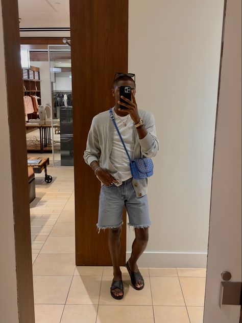 blue, goyard, belvedere bag, crossbody, easy outfit, mens outfit, summer fit, jorts, gold jewelry, old money aesthetic, black money Goyard Belvedere Pm Outfit, Goyard Bag Men, Goyard Men Outfit, Old Money Aesthetic Black, Money Aesthetic Black, Goyard Mini Anjou Outfit, Goyard Crossbody Bag Men, Goyard Belvedere, Goyard Men