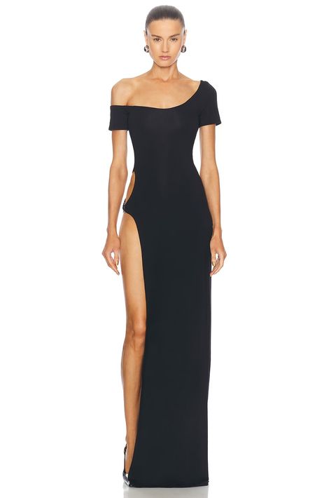 Sid Neigum Side Cutout Off Shoulder Dress in Black | FWRD Side Cutout Dress, Cutout Design, Pleated Midi Dress, Cut Out Design, Edgy Outfits, Cutout Dress, Dress Styles, Black Midi Dress, Velvet Dress