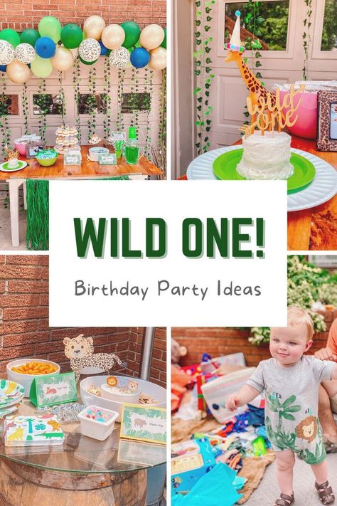 Wild One Birthday Party Decorations and Snacks Safari Party Snacks Jungle Theme, First Birthday Party Diy Decorations, Jungle Theme Birthday Party One Year Old, Wild One Party Snack Ideas, Wild One First Birthday Snacks, Diy Wild One Decorations, Wild One Birthday Activities, Wild One Outdoor Birthday Party, Wild One Party Games