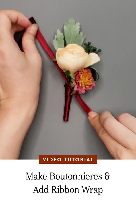 How To Make A Bow For A Boutonniere, How To Diy Boutonniere, Boutineer Ideas Fake Flowers, Faux Flower Boutonniere Diy, Different Boutonniere Ideas, Simple Bouteniers Wedding, How To Make Button Holes Wedding, How To Tie A Boutonniere, Artificial Flower Boutonniere Diy