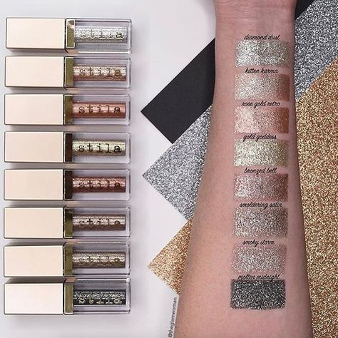 Your ⭐️Glitter & Glow⭐️ swatches are giving us L✨I✨F✨E!   Friday ... time to GLITTER. Which hue are you wearing out tonight?!  : @theglamwoman  [ to buy - click the #linkinbio & select this image to shop]  #stilaglitter  Top to bottom:  ✨Diamond Dust  ✨Kitten Karma  ✨Rose Gold Retro  ✨Bronzed Bell  ✨Smoldering Satin  ✨Smoky Storm  ✨Molten Midnight  ✨Ballet Baby (not shown)  ✨Violet Vixen (not shown) Stila Glitter And Glow, Glitter Shadow, Stila Cosmetics, Glitter Liquid, Makeup Must Haves, Makeup Swatches, Liquid Eyeshadow, Kiss Makeup, Glitter Eyeshadow