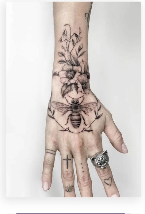 Bee Hand Tattoo, Bee Tattoo Meaning, Bee And Flower Tattoo, Queen Bee Tattoo, Bee Tattoos, Honey Bee Tattoo, Honeycomb Tattoo, Bumble Bee Tattoo, Our Mindful Life