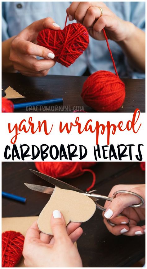 Make some cute yarn wrapped cardboard hearts for a Valentine’s Day craft idea! Kids valentine craft art project to make. Easy garland idea. #valentinesday #valentinesdaycrafts #heartcrafts #heartshapedcrafts #easycrafts #funcrafts #kidcracts #craftymorning Cardboard Hearts, Valentijnsdag Diy, Juleverksted For Barn, Saint Valentin Diy, Valentines Bricolage, Hadiah Valentine, Diy Valentine's Day Decorations, Valentine's Day Crafts For Kids, Diy Valentines Decorations