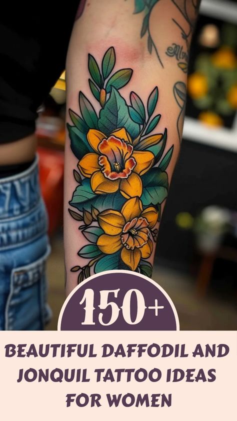 Discover beautiful March Birth Flower tattoo ideas for women! From delicate small designs to vibrant thigh or sleeve options, find inspiration for your next ink. Consider Daffodil and Jonquil tattoo design ideas for a touch of spring all year round. Whether you prefer traditional or neo-traditional styles, there's a perfect floral tattoo waiting for you. Explore different color palettes and placement suggestions to create a unique piece that reflects your personality. Daffodil Color Tattoo, Color Daffodil Tattoo, American Traditional Daffodil Tattoo, Jonquil Flower Tattoo, March Birth Flower Tattoo, Art Nouveau Floral Tattoo, Daffodil Color, Flower Leg Tattoos, Daffodil Tattoo